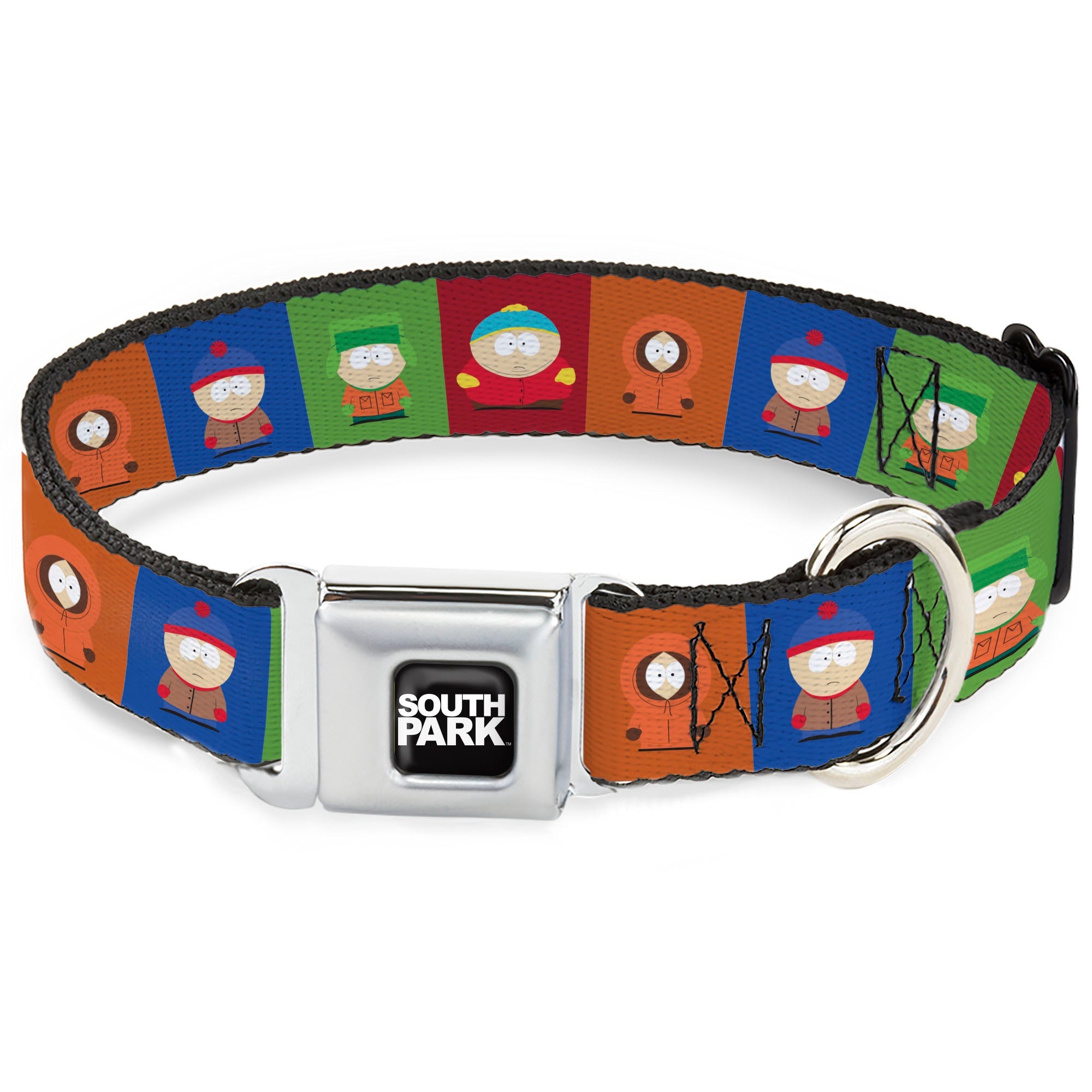 SOUTH PARK Title Logo Full Color Black/White Seatbelt Buckle Collar - South Park Boys Pose Blocks Multi Color