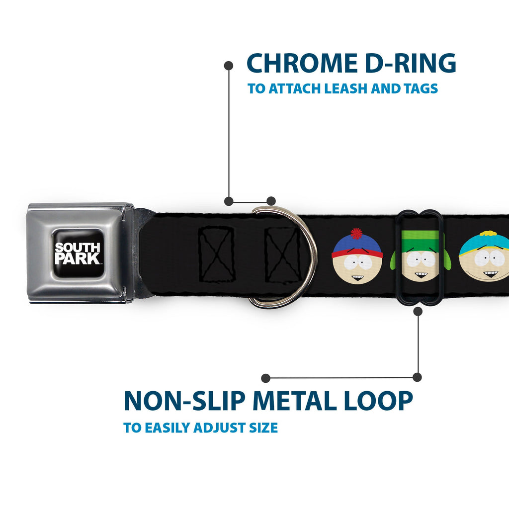 SOUTH PARK Title Logo Full Color Black/White Seatbelt Buckle Collar - South Park Boys Face Repeat Black