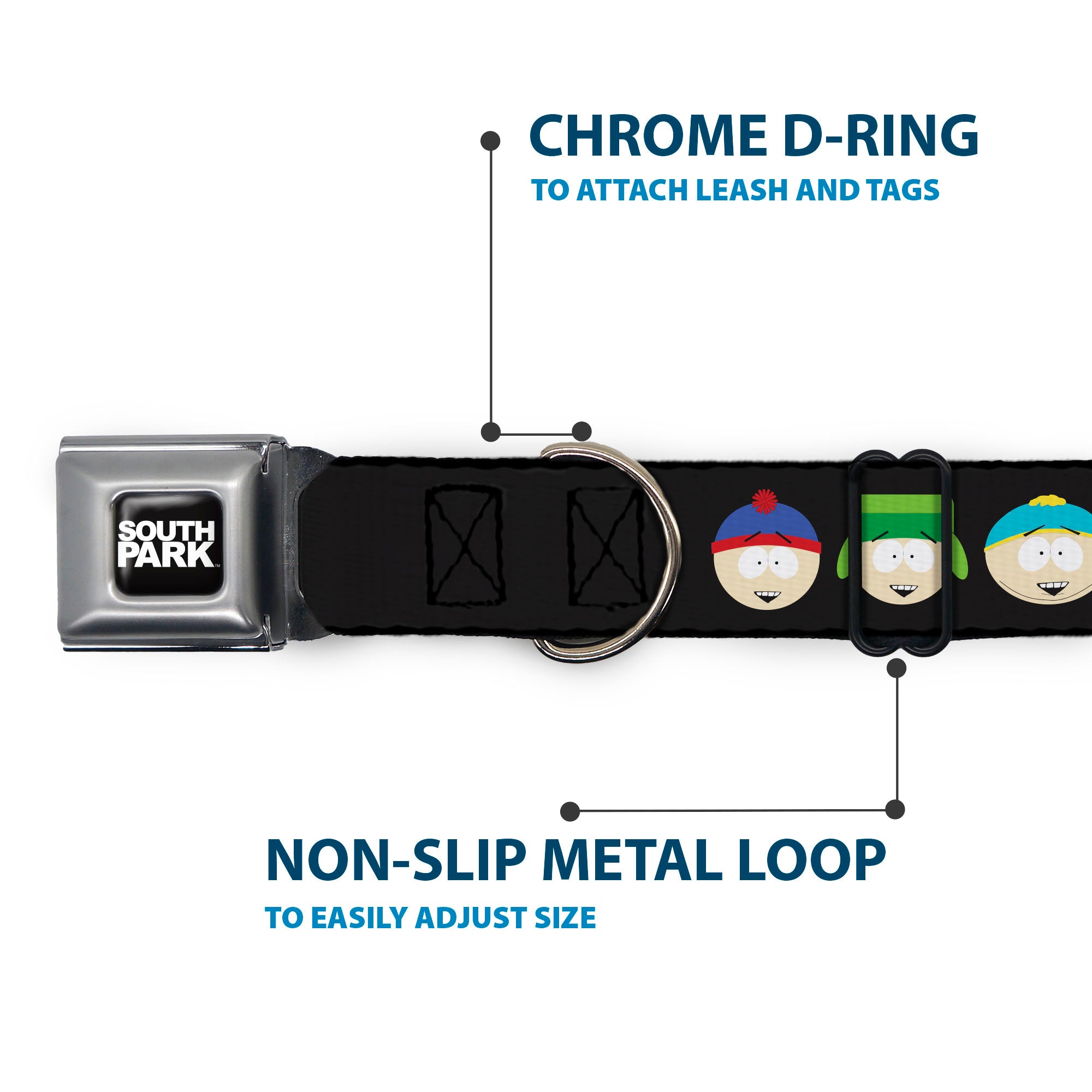SOUTH PARK Title Logo Full Color Black/White Seatbelt Buckle Collar - South Park Boys Face Repeat Black