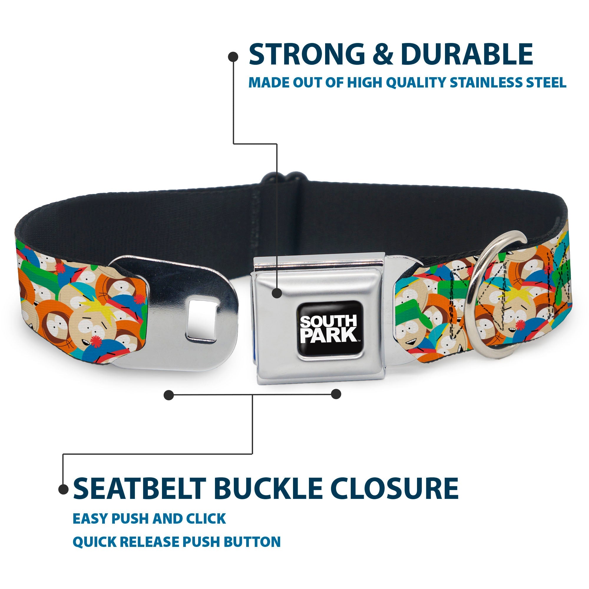 SOUTH PARK Title Logo Full Color Black/White Seatbelt Buckle Collar - South Park Boys Expressions Stacked