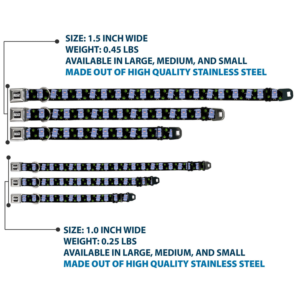 SOUTH PARK Title Logo Full Color Black/White Seatbelt Buckle Collar - South Park Towlie and Scattered Pot Leaves Black