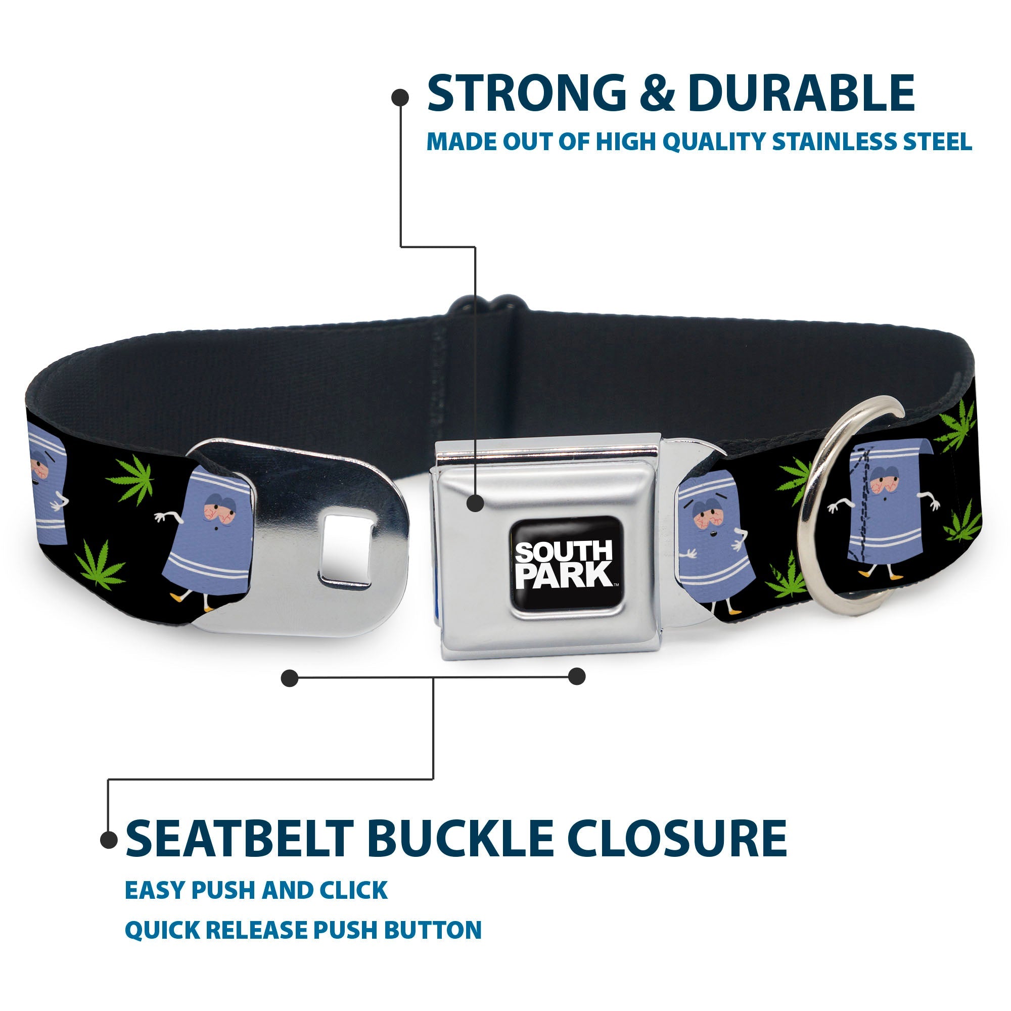SOUTH PARK Title Logo Full Color Black/White Seatbelt Buckle Collar - South Park Towlie and Scattered Pot Leaves Black