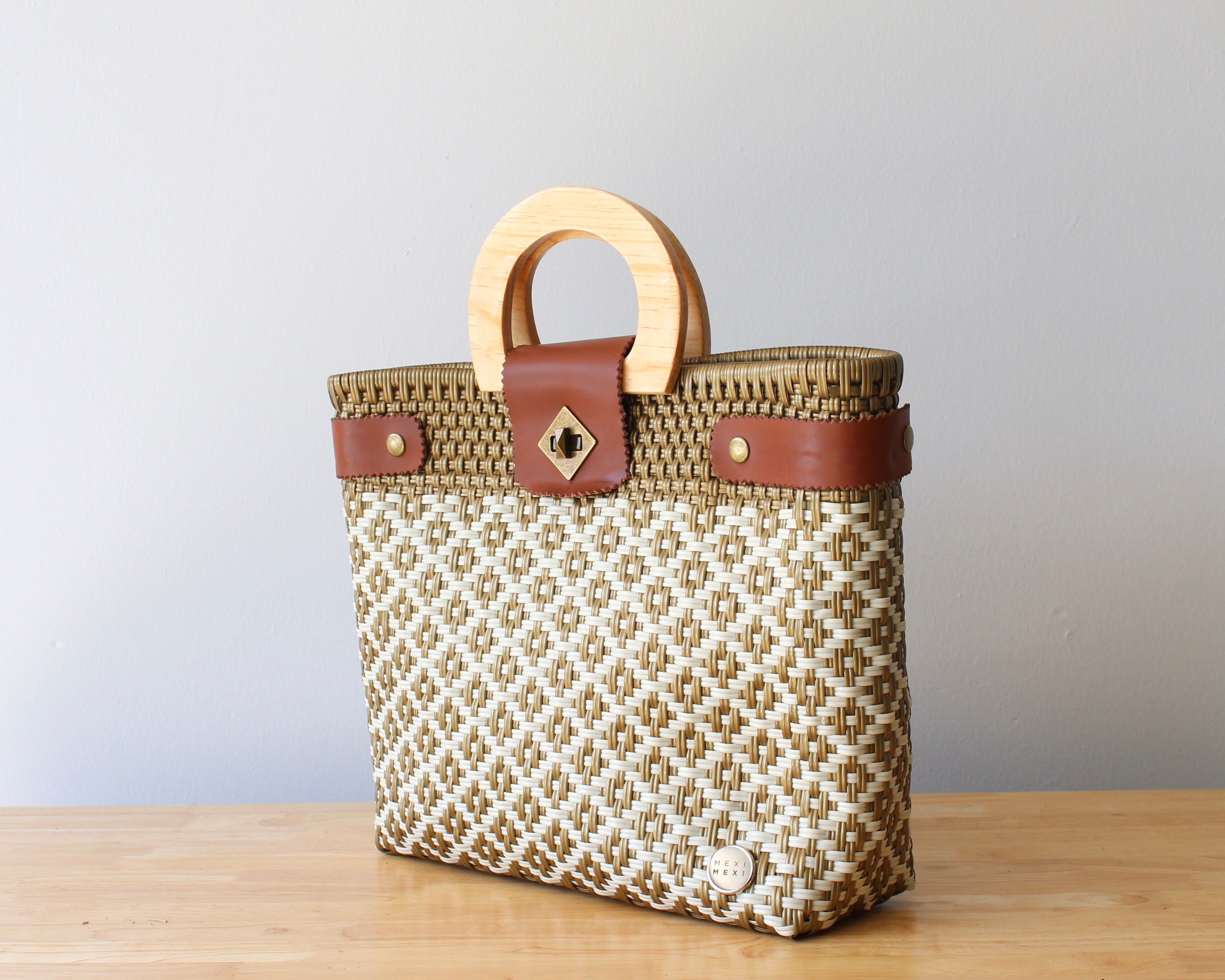 Beige & Gold Handwoven Tote with Wood Handle
