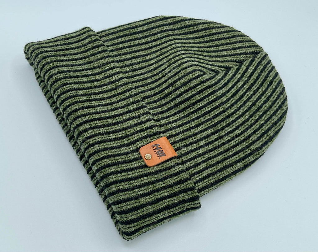 HAAKWEAR Cuffed Wide Ribbed Striped Beanie / Hat, Black / Green, Limited Edition - Made in USA