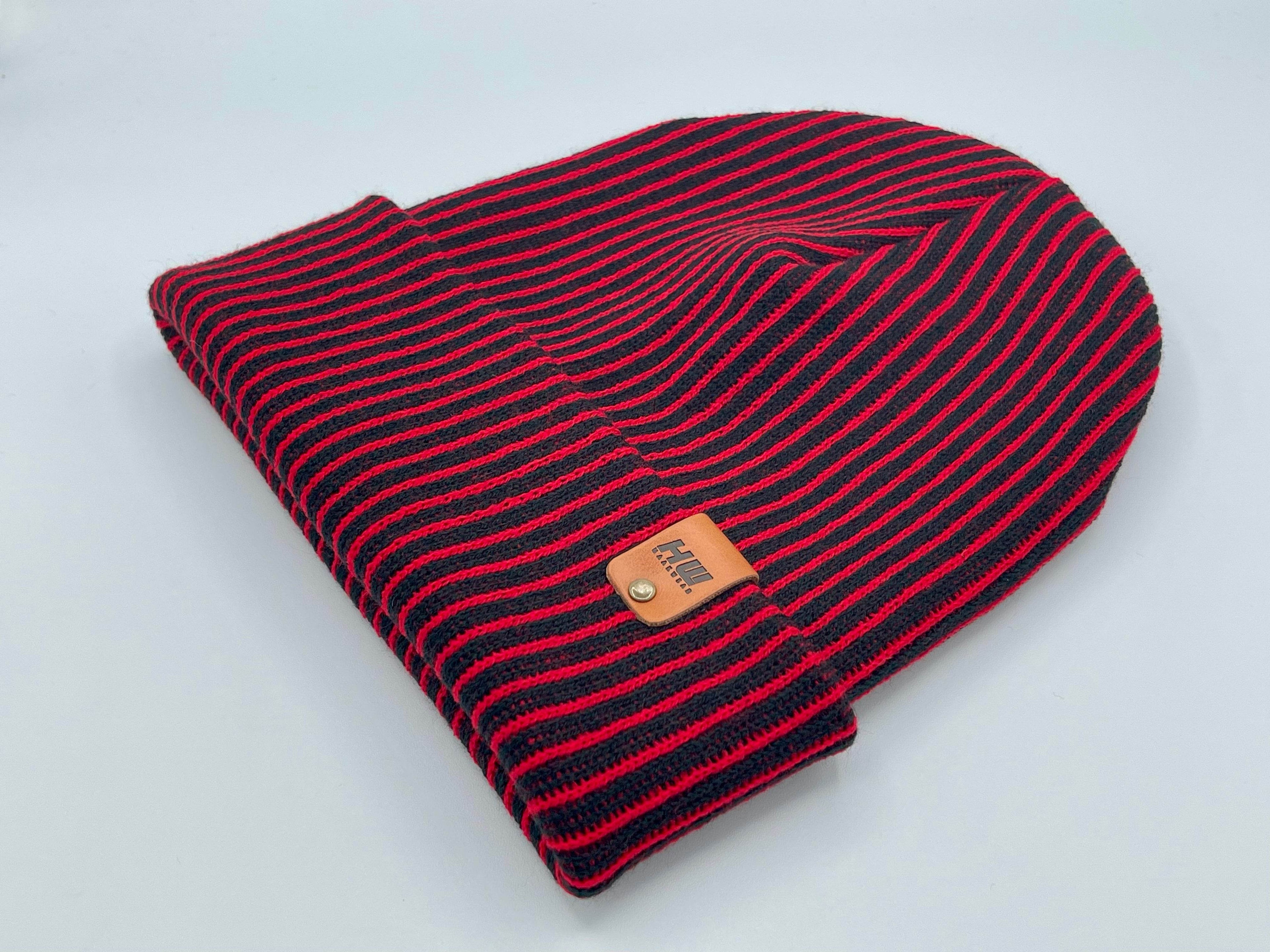 HAAKWEAR Cuffed Wide Ribbed Striped Beanie / Hat, Black / Red, Limited Edition - Made in USA