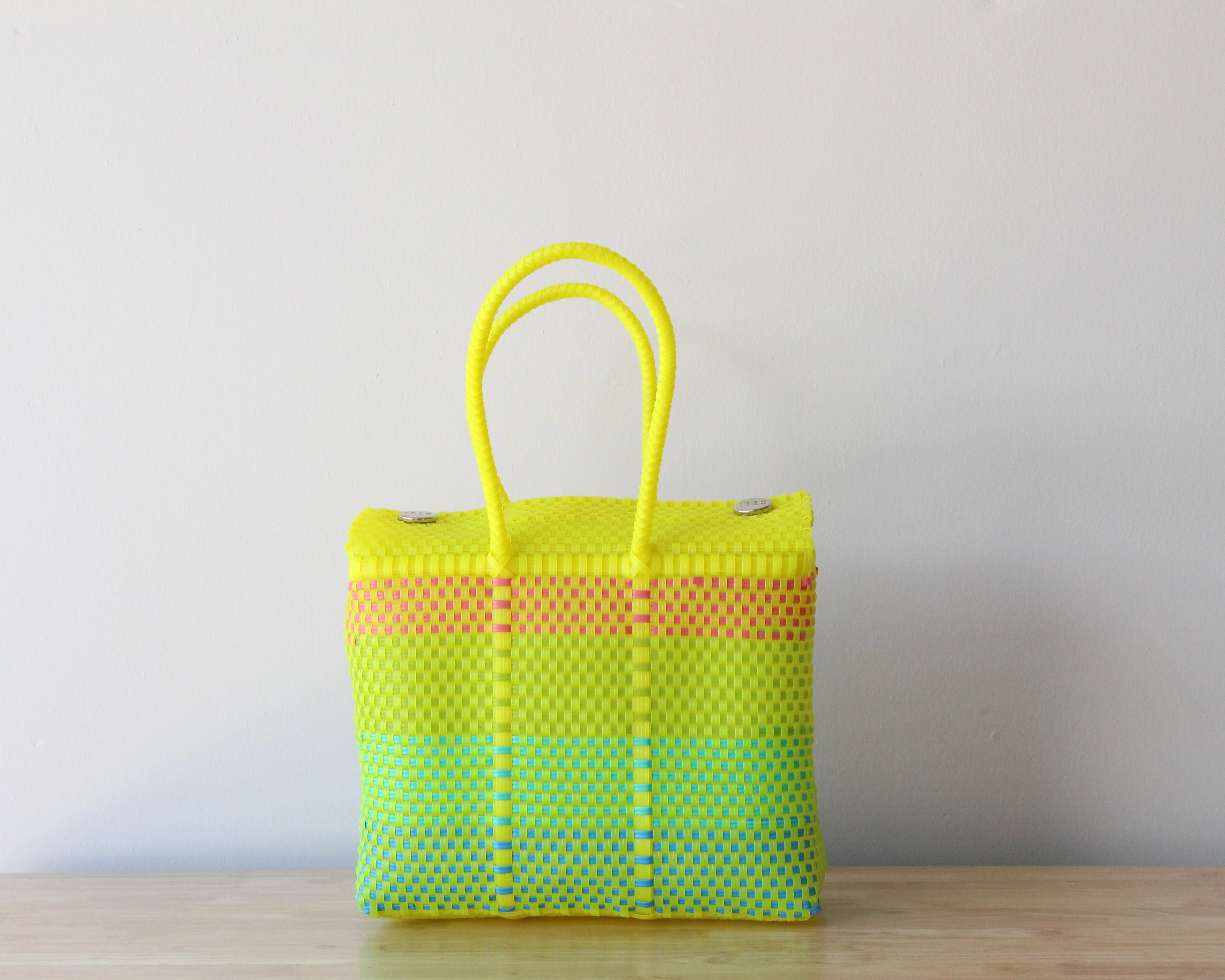 Medium Handwoven Handbag – Neon Yellow, Pink & Turquoise