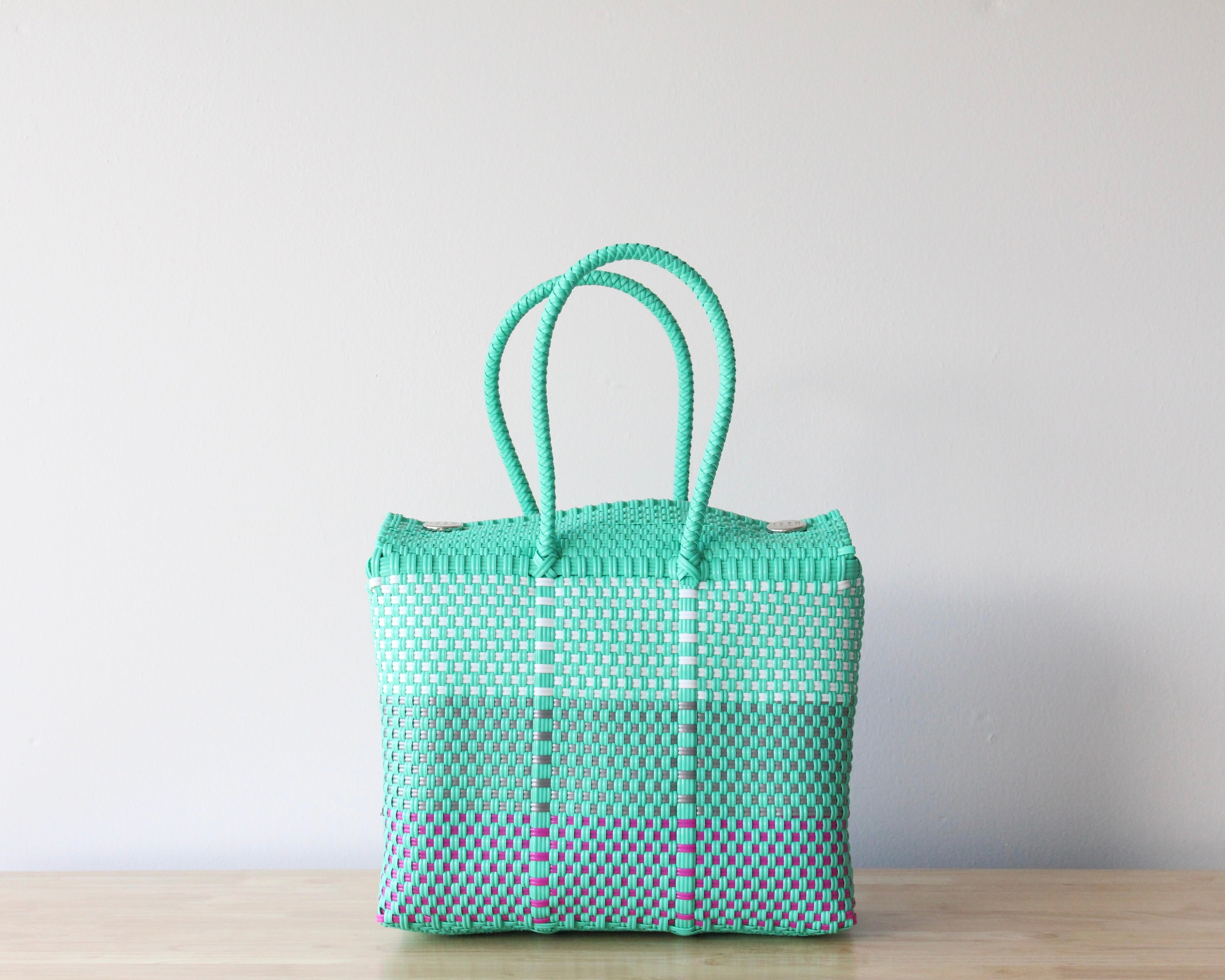 Medium Handwoven Handbag – Aqua, White & Fuchsia
