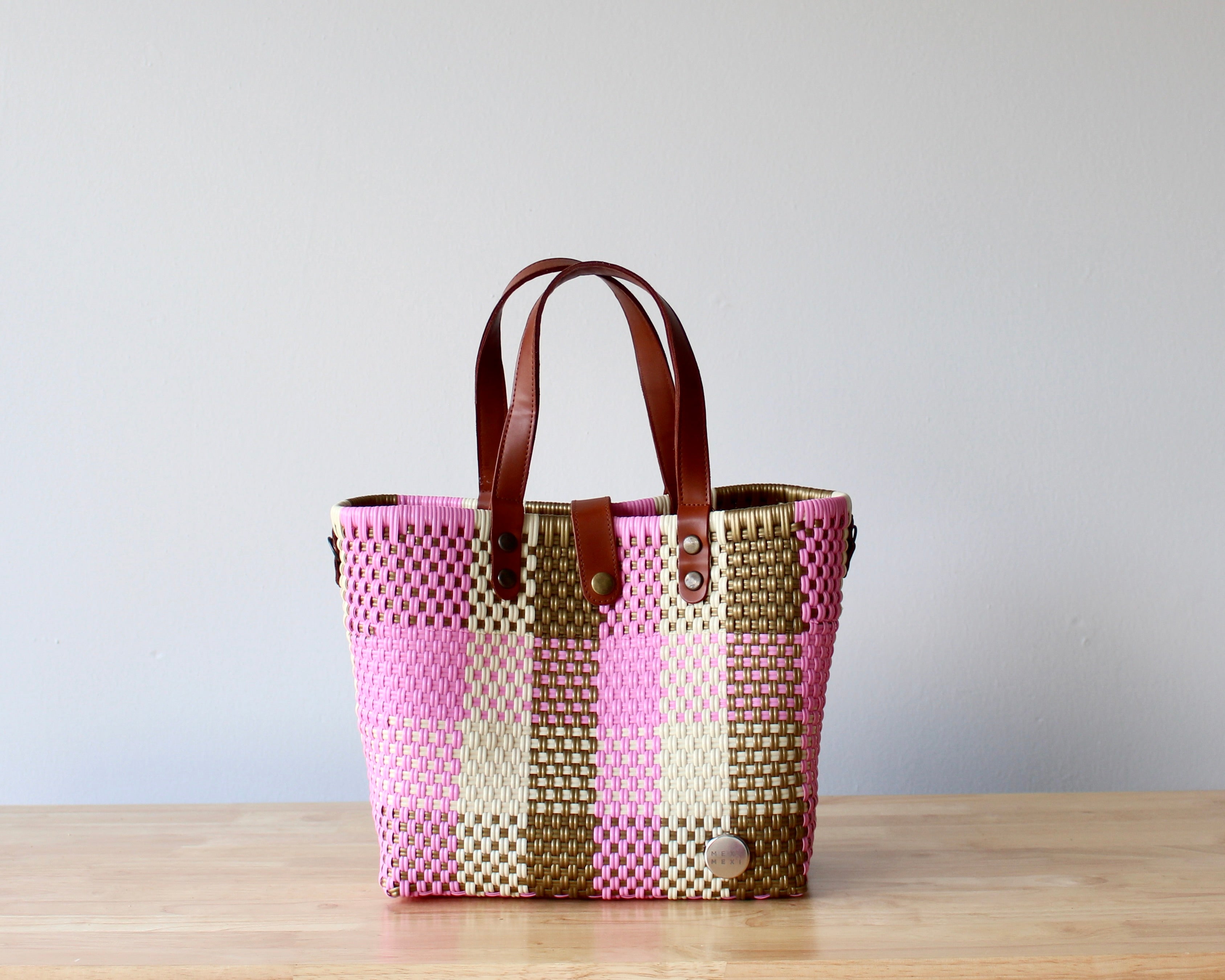 Vida Woven Purse – Pink Plaid with Gold