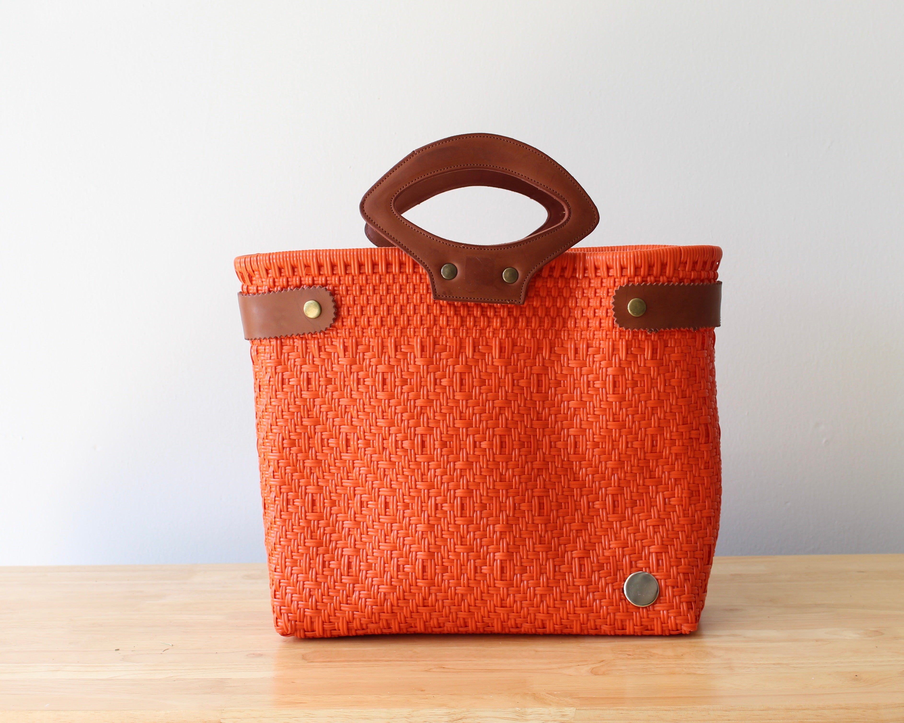 Orange Handwoven Tote Bag with Leather Handles