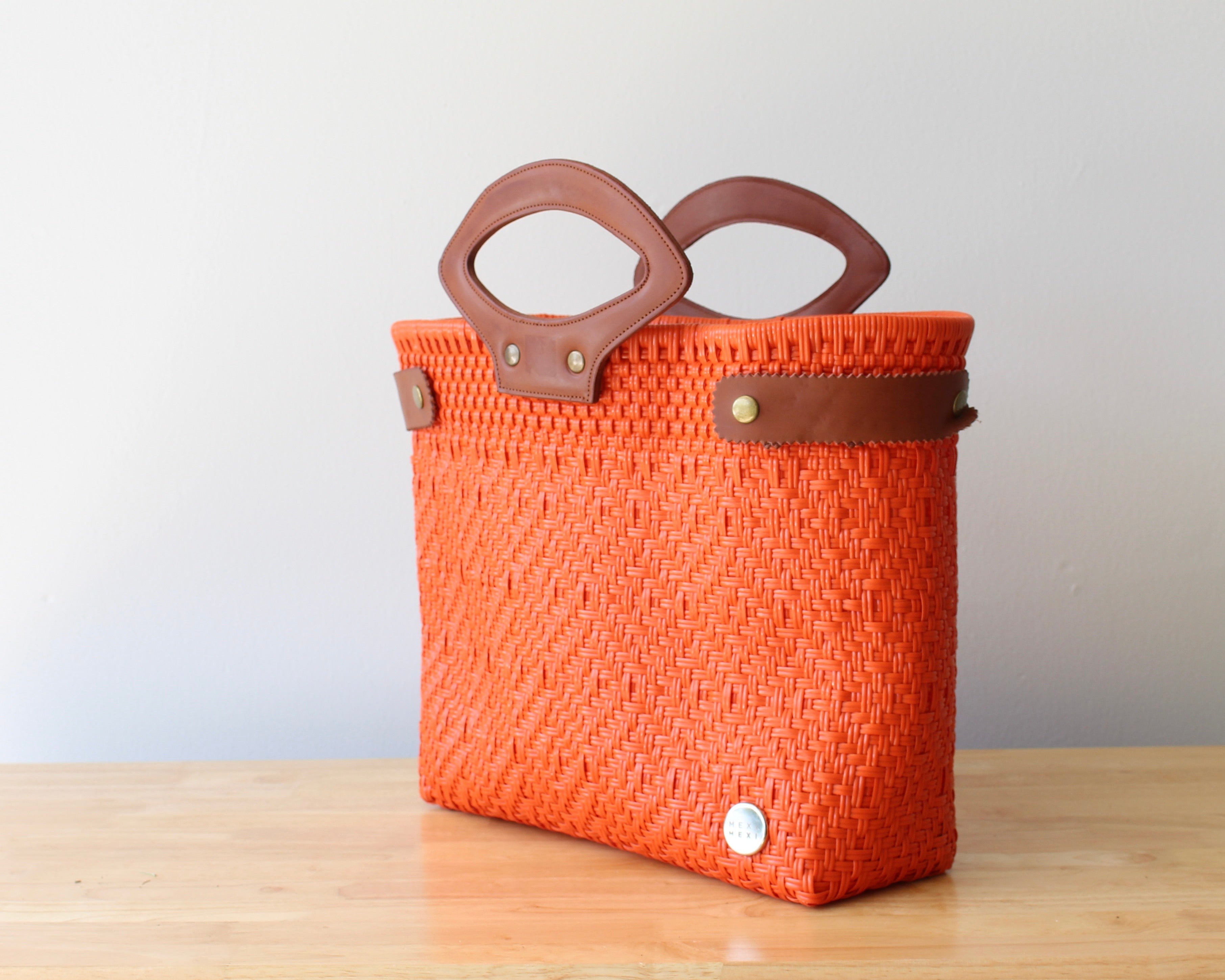 Orange Handwoven Tote Bag with Leather Handles
