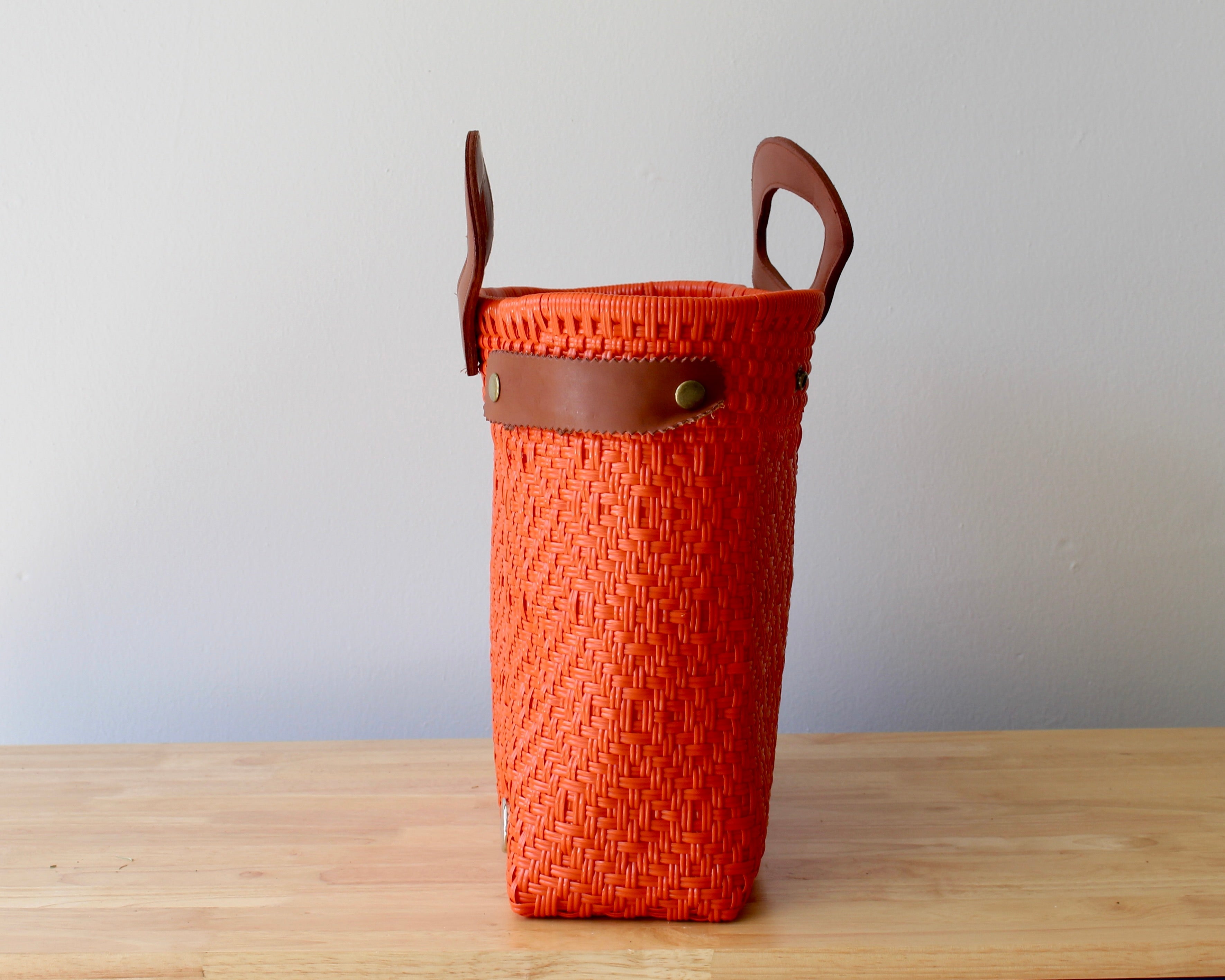 Orange Handwoven Tote Bag with Leather Handles