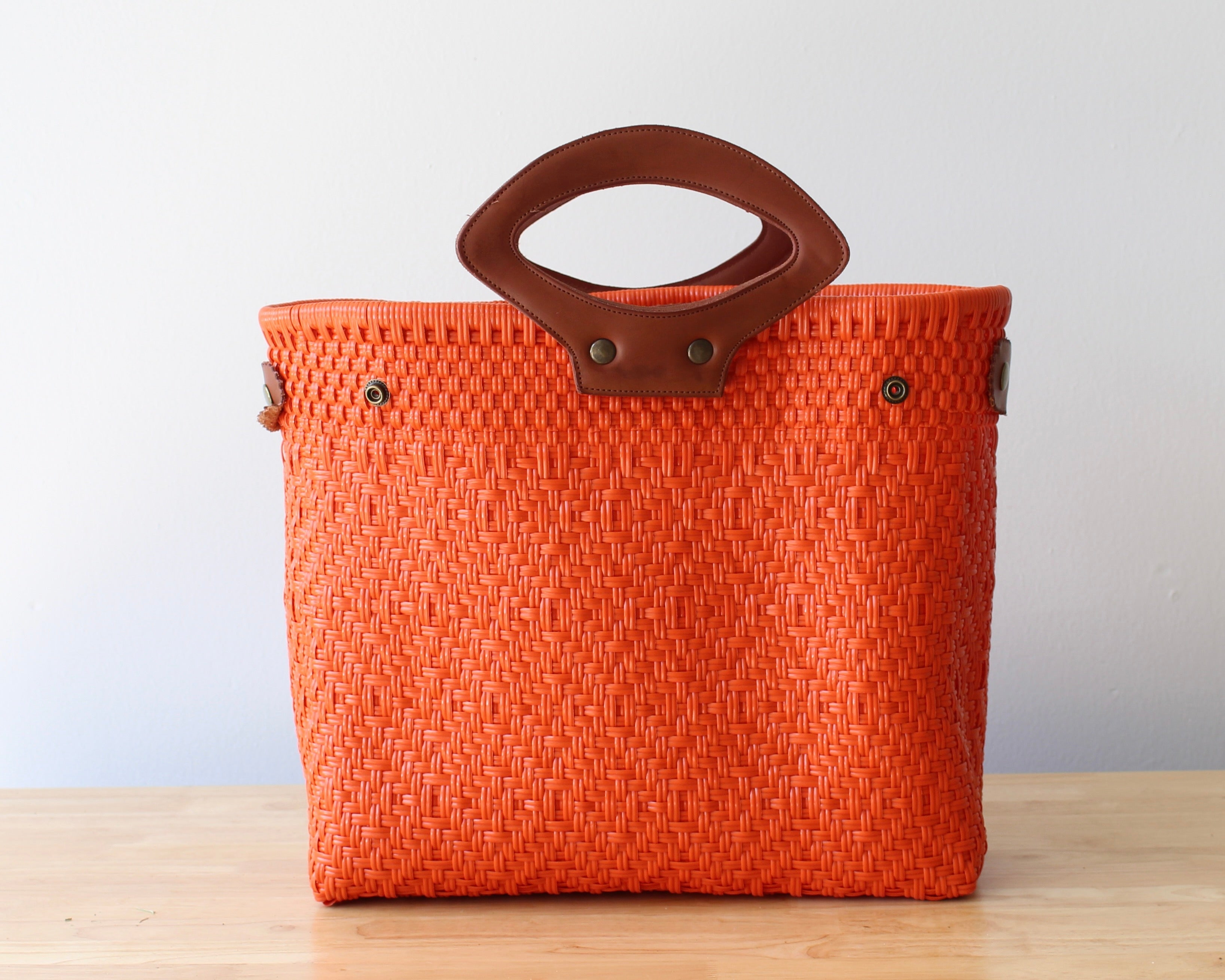 Orange Handwoven Tote Bag with Leather Handles