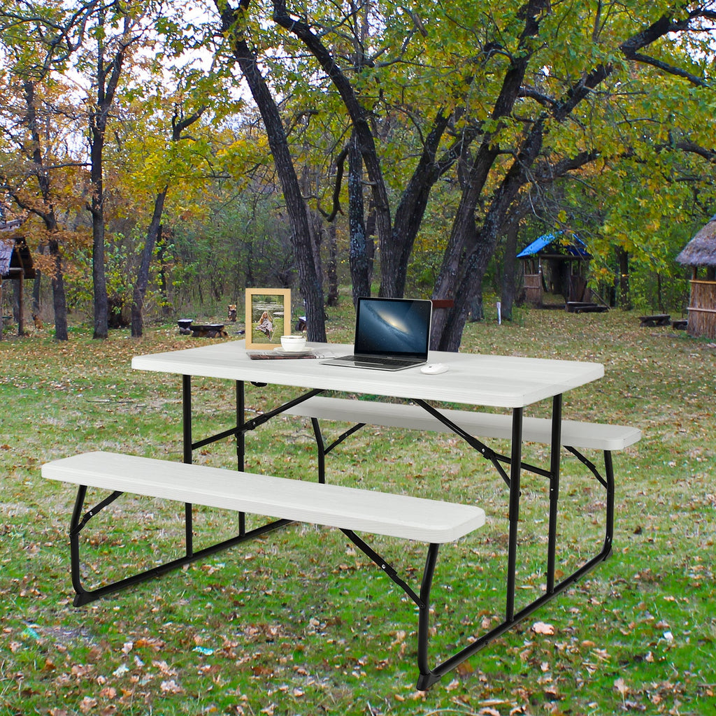 Indoor and Outdoor Folding Picnic Table Bench Set with Wood-like Texture-White