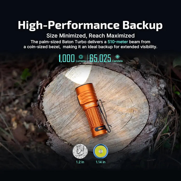 OLIGHT BATONTURBOOGCW Baton Turbo Compact EDC Flashlight with 510m Long-Range Beam - Orange