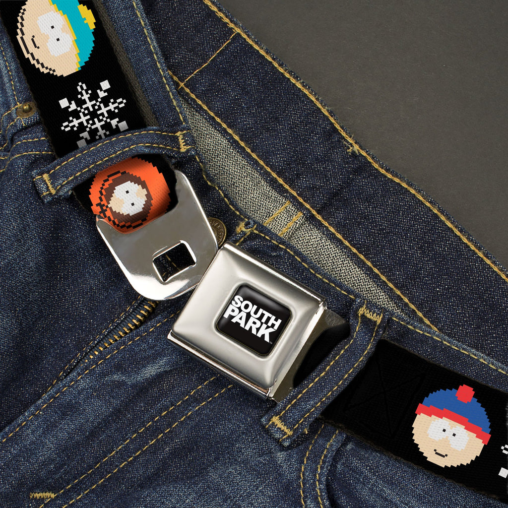 SOUTH PARK Title Logo Full Color Black/White Seatbelt Belt - South Park Boys Ugly Christmas Sweater Faces Black Webbing
