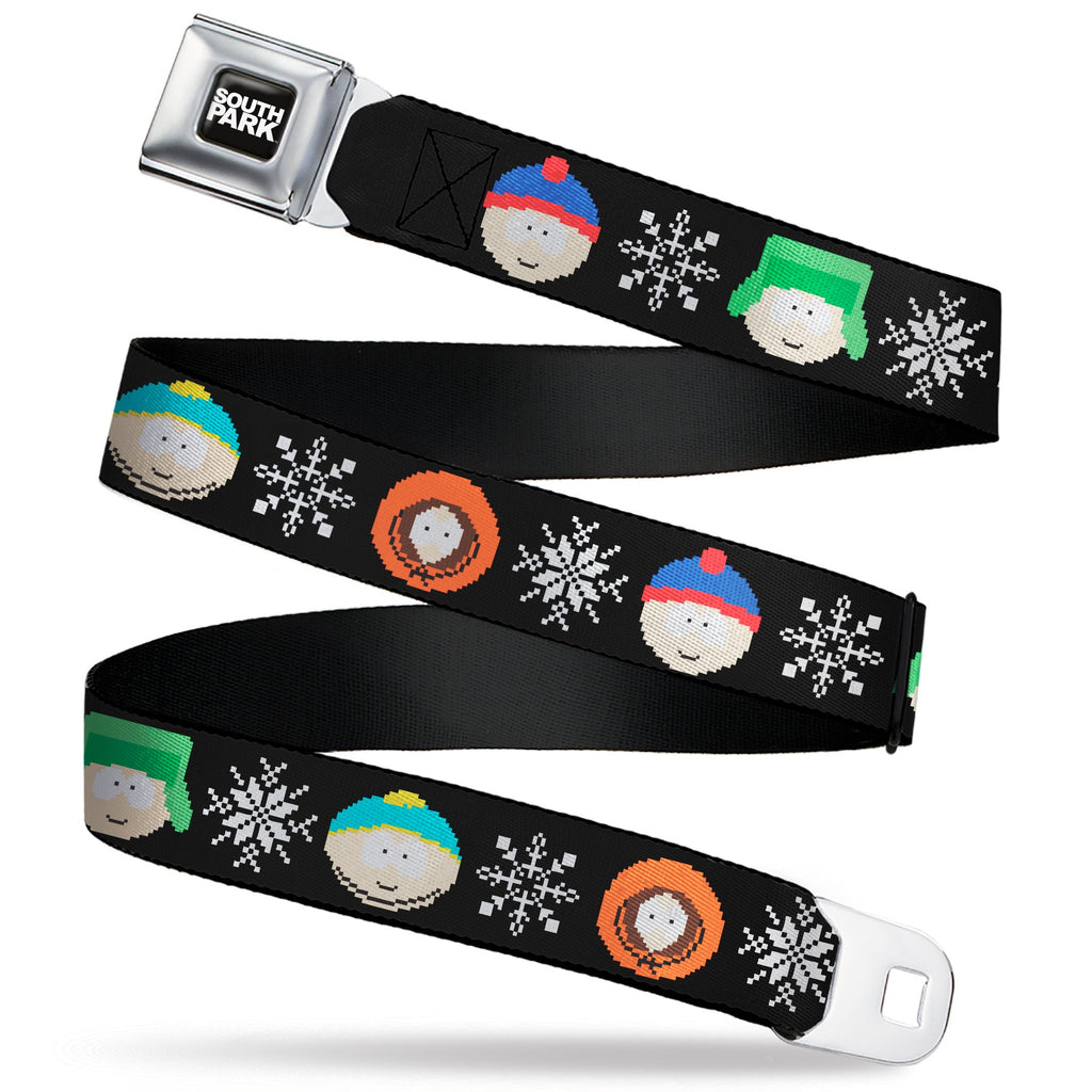 SOUTH PARK Title Logo Full Color Black/White Seatbelt Belt - South Park Boys Ugly Christmas Sweater Faces Black Webbing