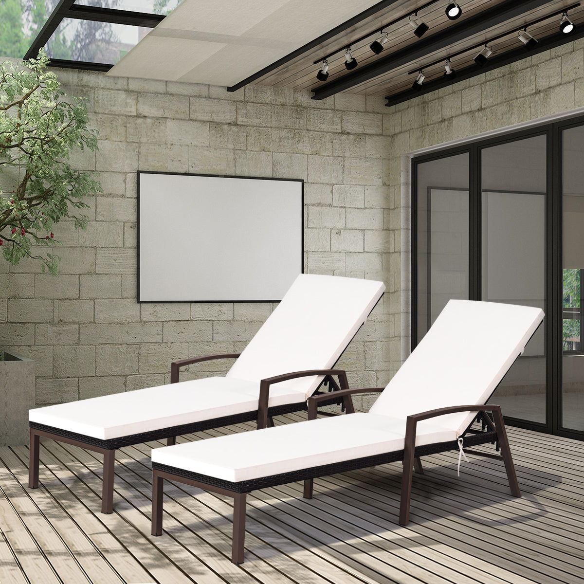 2 Pieces Patio Rattan Reclining Chaise Lounge Chair with Cushion and Armrest-Red & White