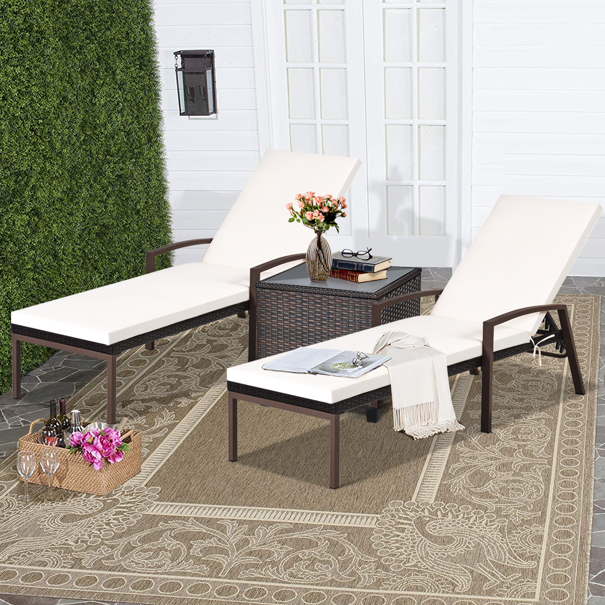 2 Pieces Patio Rattan Reclining Chaise Lounge Chair with Cushion and Armrest-Red & White