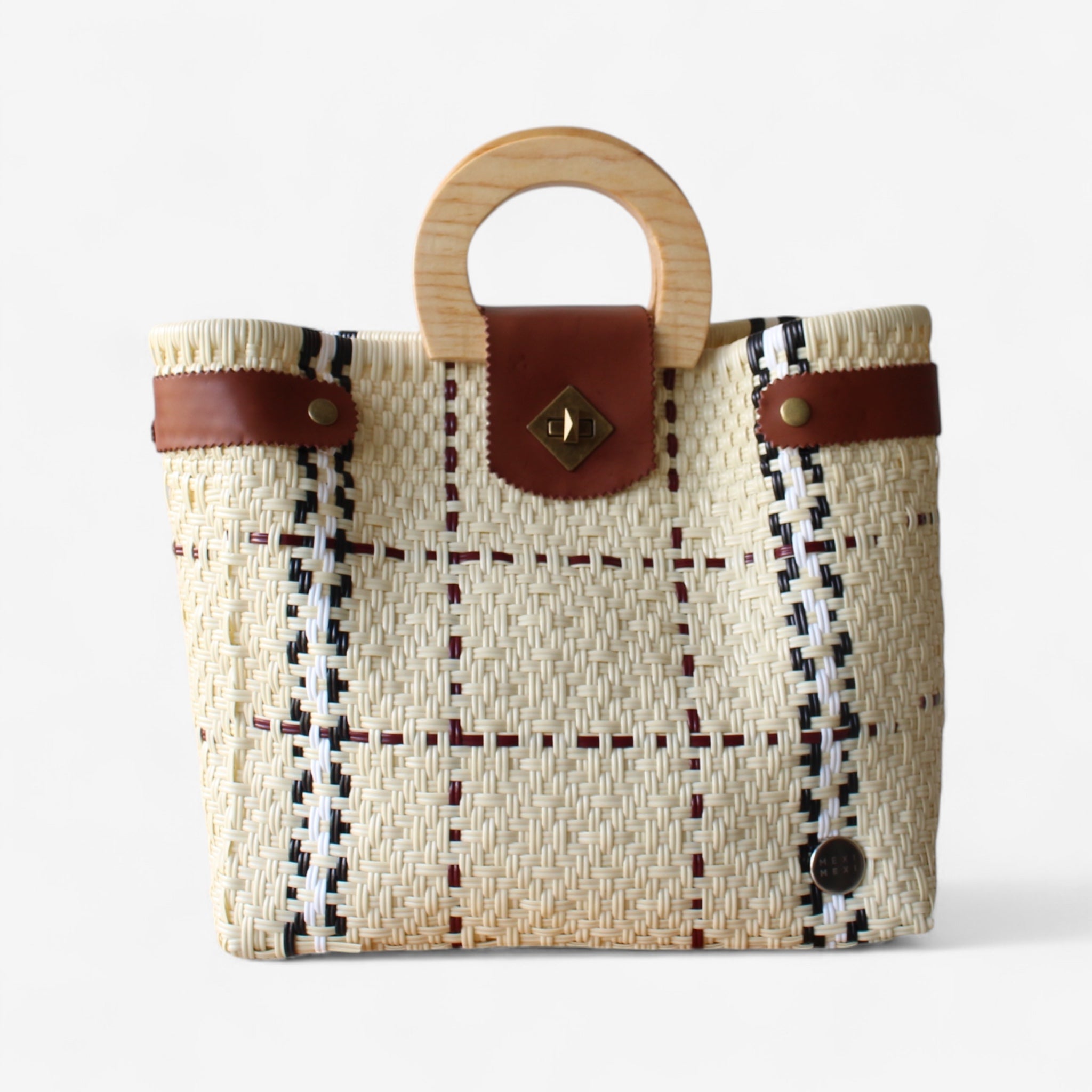 Beige, Black & Red Tote Wood Handles