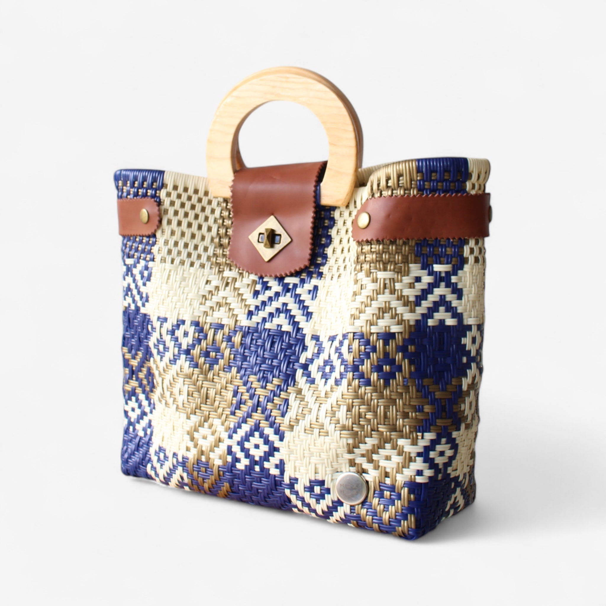 Royal Blue & Gold Mexican Tote Wood Handles
