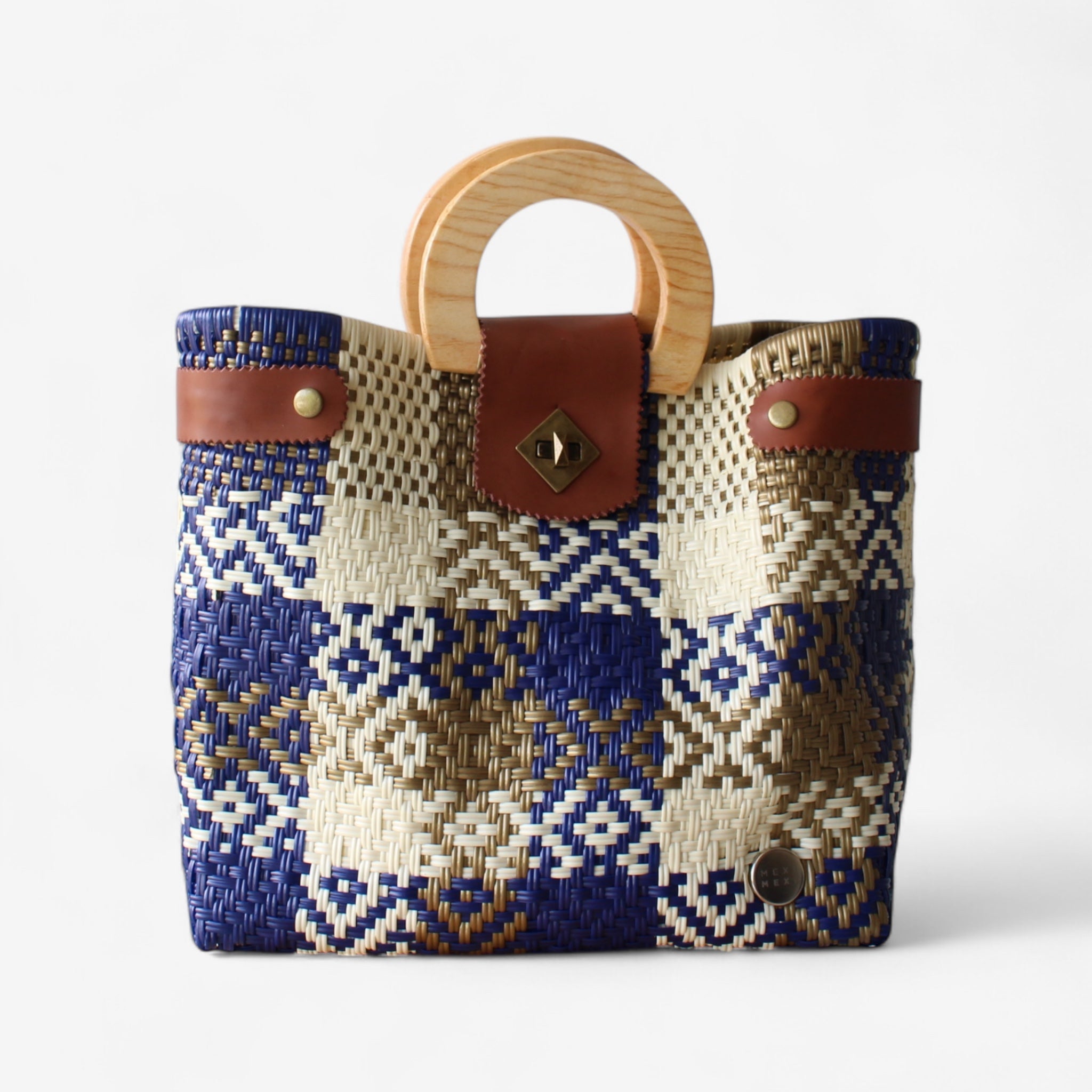 Royal Blue & Gold Mexican Tote Wood Handles