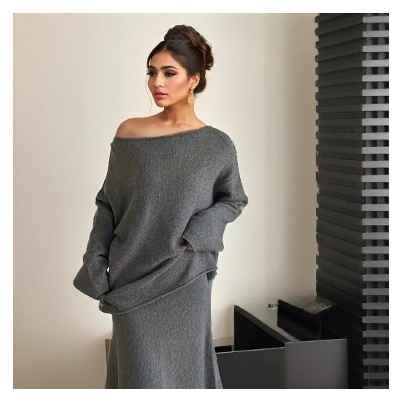 Solid Color Knit Sweater and Mermaid Skirt Set