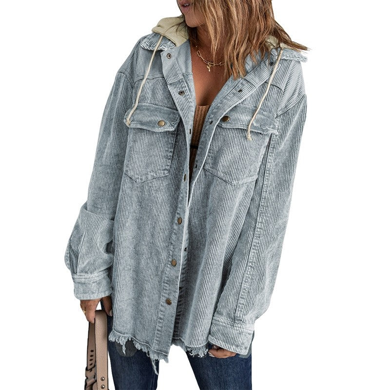 Loose Fit Color Block Hooded Corduroy Jacket