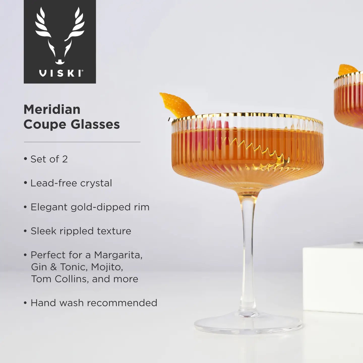 Deco Meridian Gold Rimmed Crystal Coupe Glasses - Set of 2