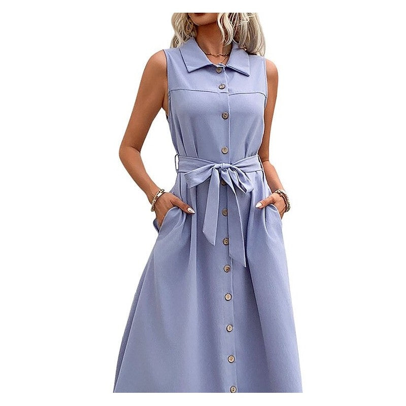 Solid Color Belted Shirt Dress