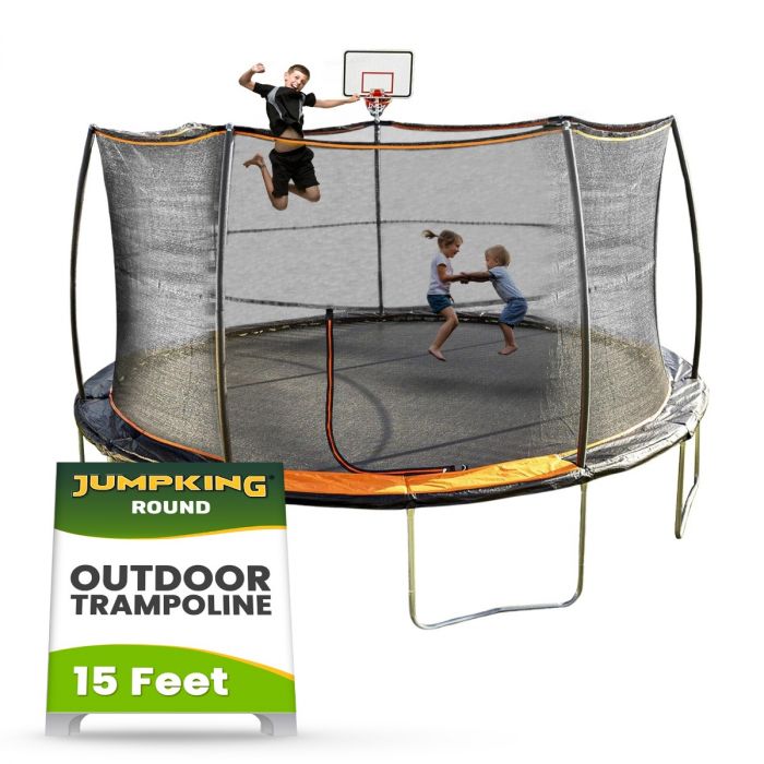 JumpKing 15' Trampoline - Outdoor/Indoor Recreational Trampoline with Basketball Hoop and Enclosure Net