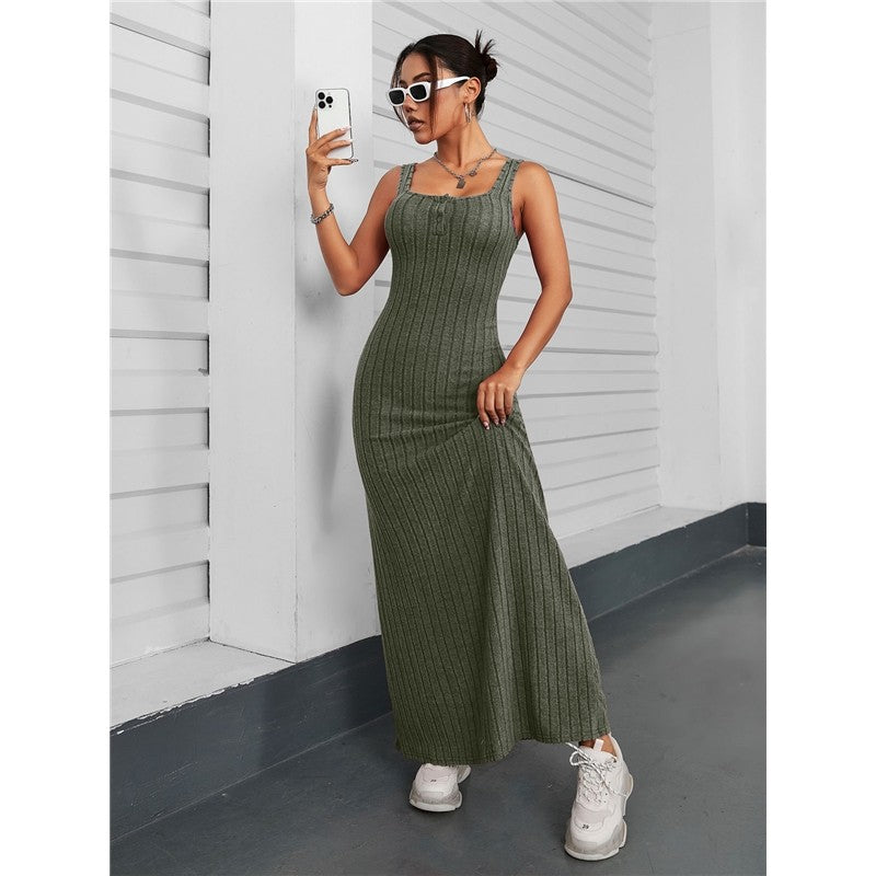 Solid Color Sleeveless Square Neck Knitted Maxi Dress