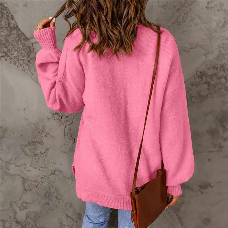Loose Round Neck Lantern Sleeve Solid Color Sweater
