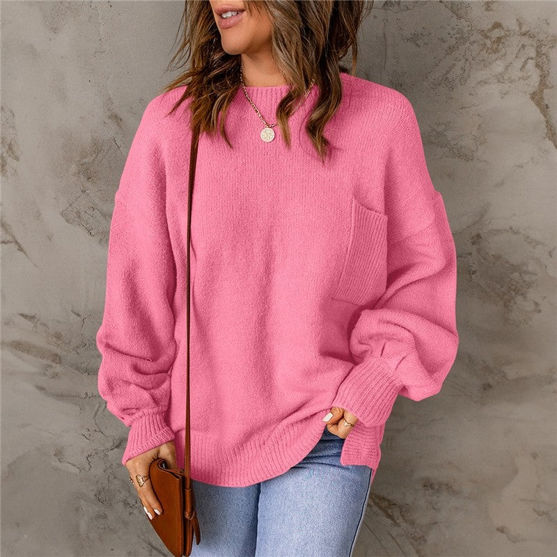 Loose Round Neck Lantern Sleeve Solid Color Sweater