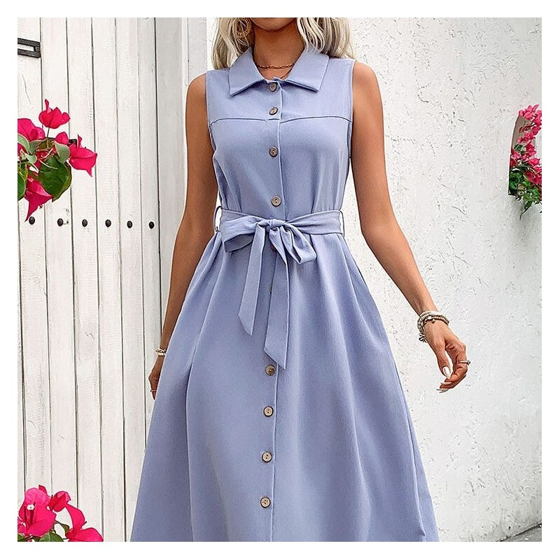 Solid Color Belted Shirt Dress