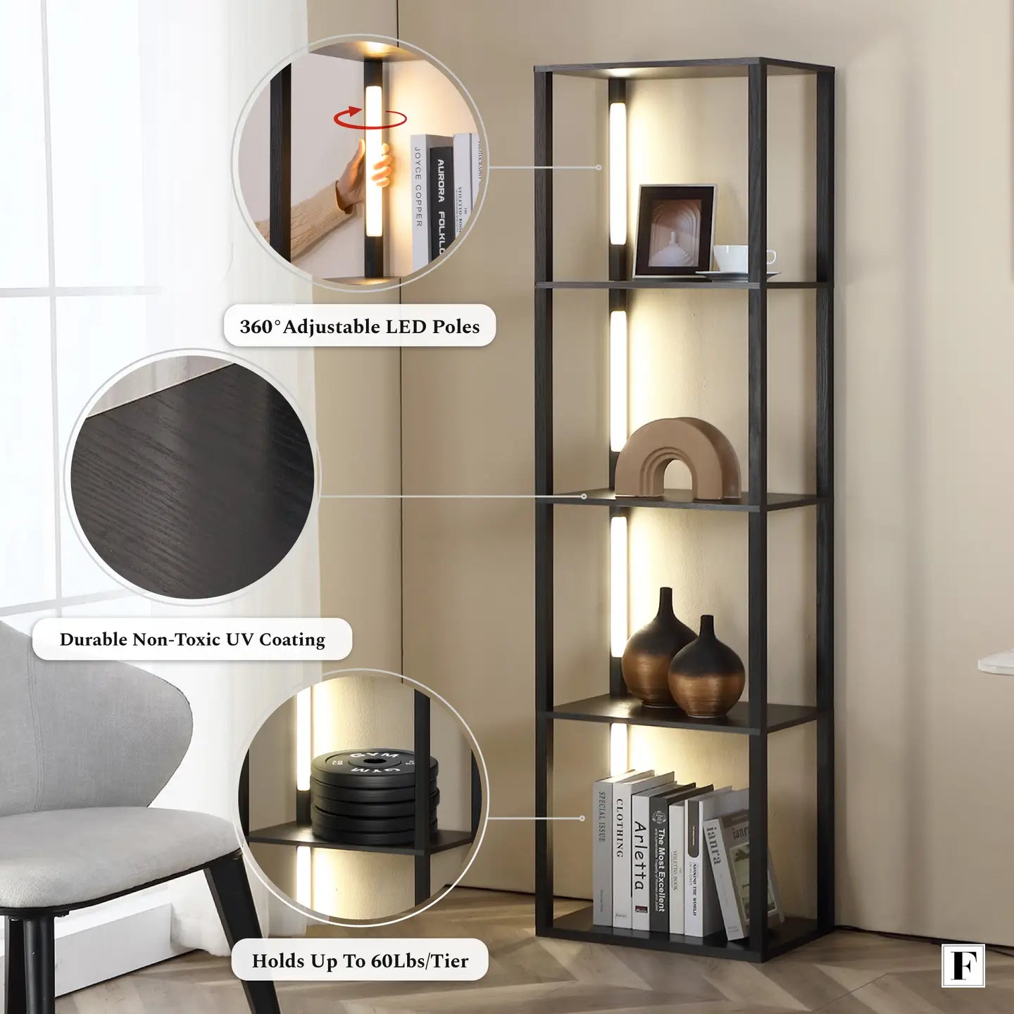 Bookcase Display with Dimmable Led, Changing Color Tones - 64”