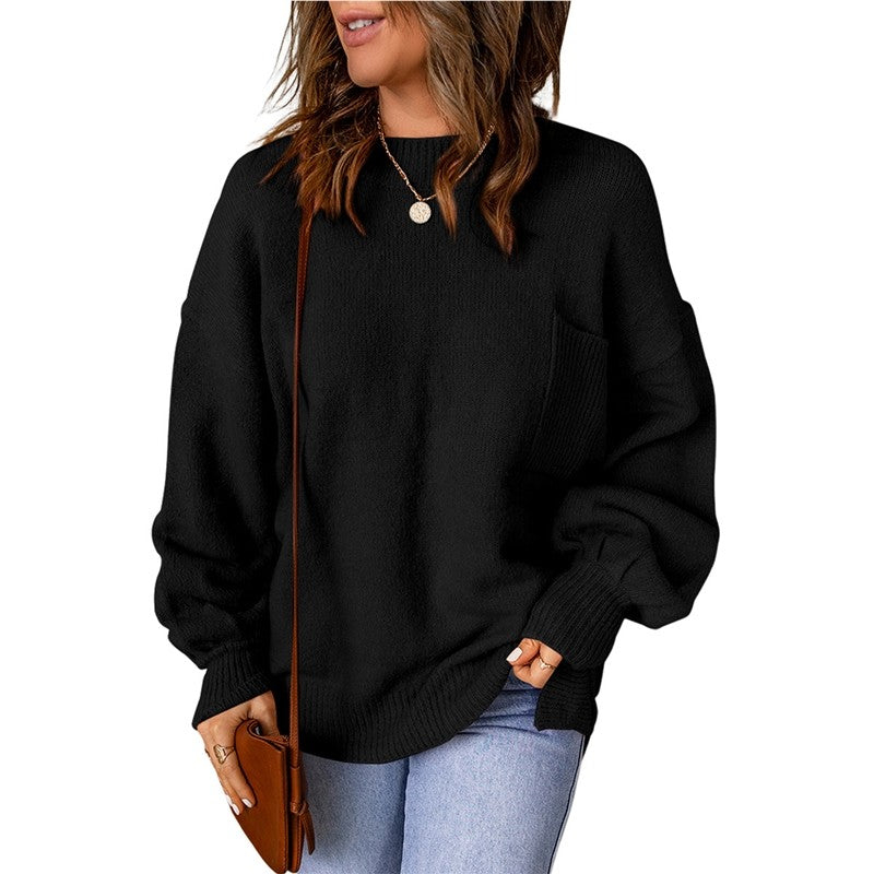 Loose Round Neck Lantern Sleeve Solid Color Sweater