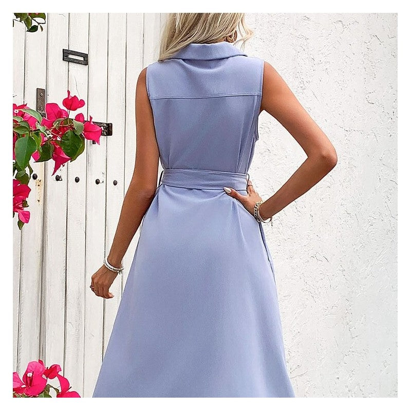 Solid Color Belted Shirt Dress