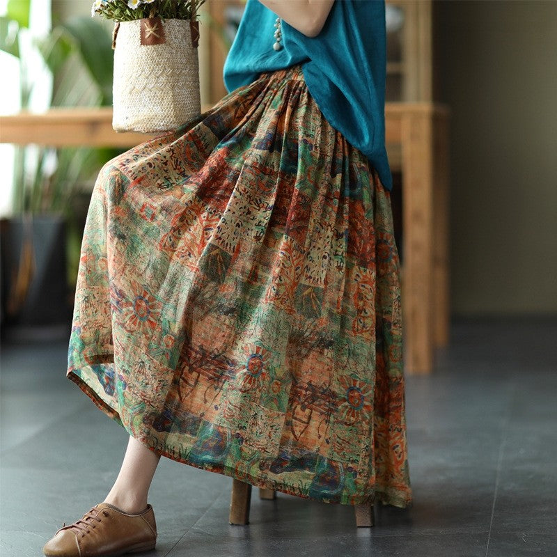 Flowy Floral Print Maxi Skirt with Elastic Waistband
