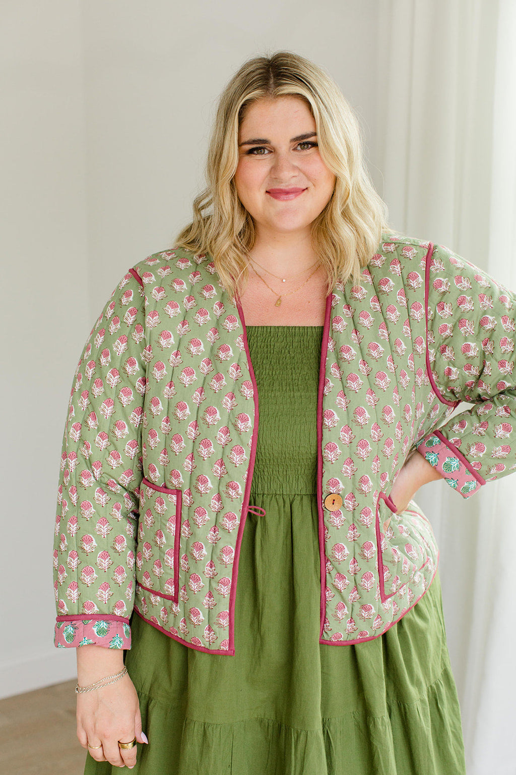 The Emily *Reversible* Quilted Jacket in Pistachio Pink