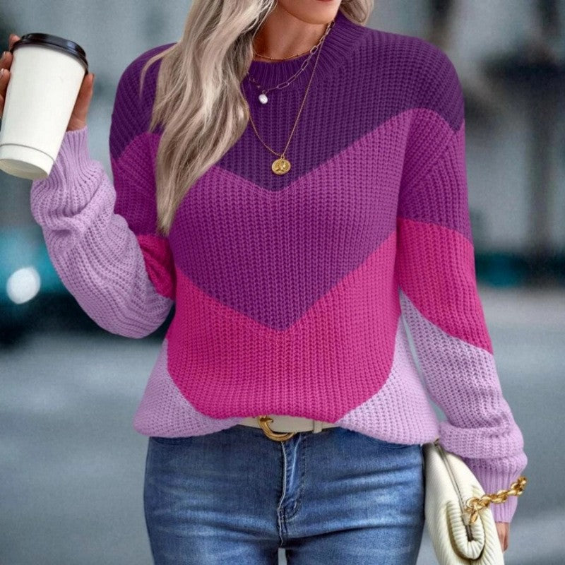 Loose Fit Color Block Round Neck Knit Sweater