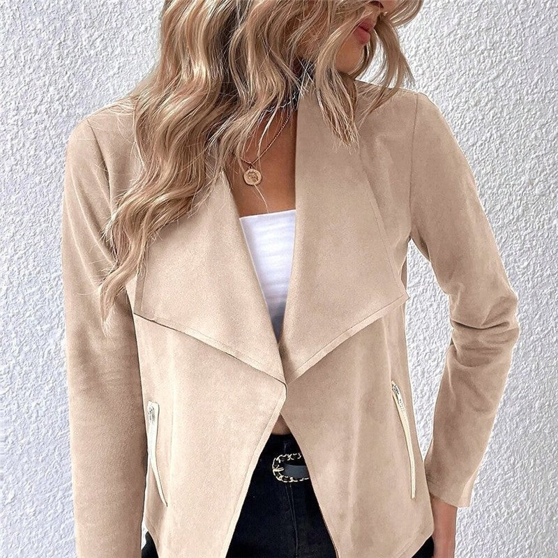 Faux Fur Collar Zip-Up Short Jacket with Long Sleeves