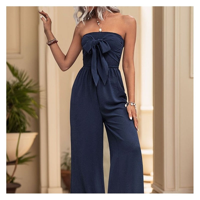 Strapless Jumpsuit with Butterfly Bow Detail in Solid Color