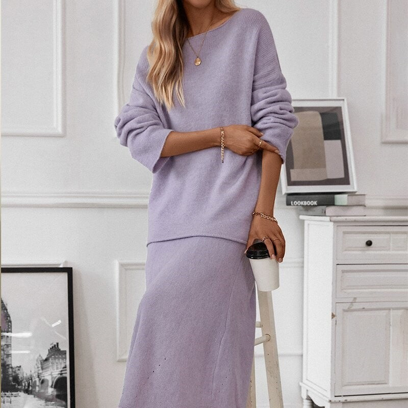 Solid Color Knit Sweater and Mermaid Skirt Set