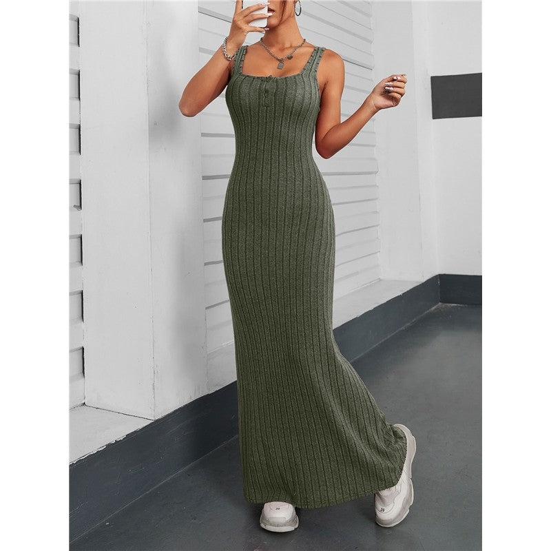 Solid Color Sleeveless Square Neck Knitted Maxi Dress