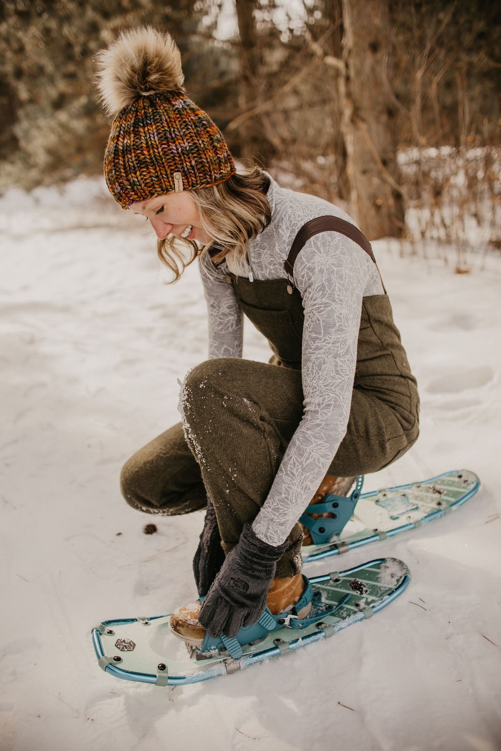 Brown Multi-Color Merino Wool Ribbed Knit Hat with Faux Fur Pom Pom