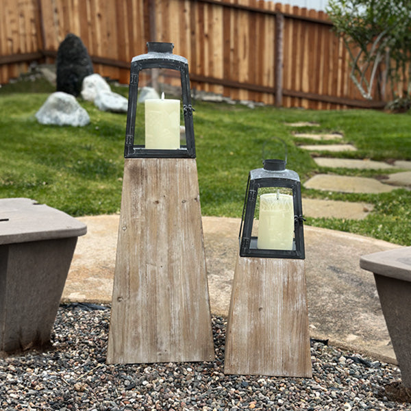 Removable Metal Lanterns with Wood Base, Set of Two