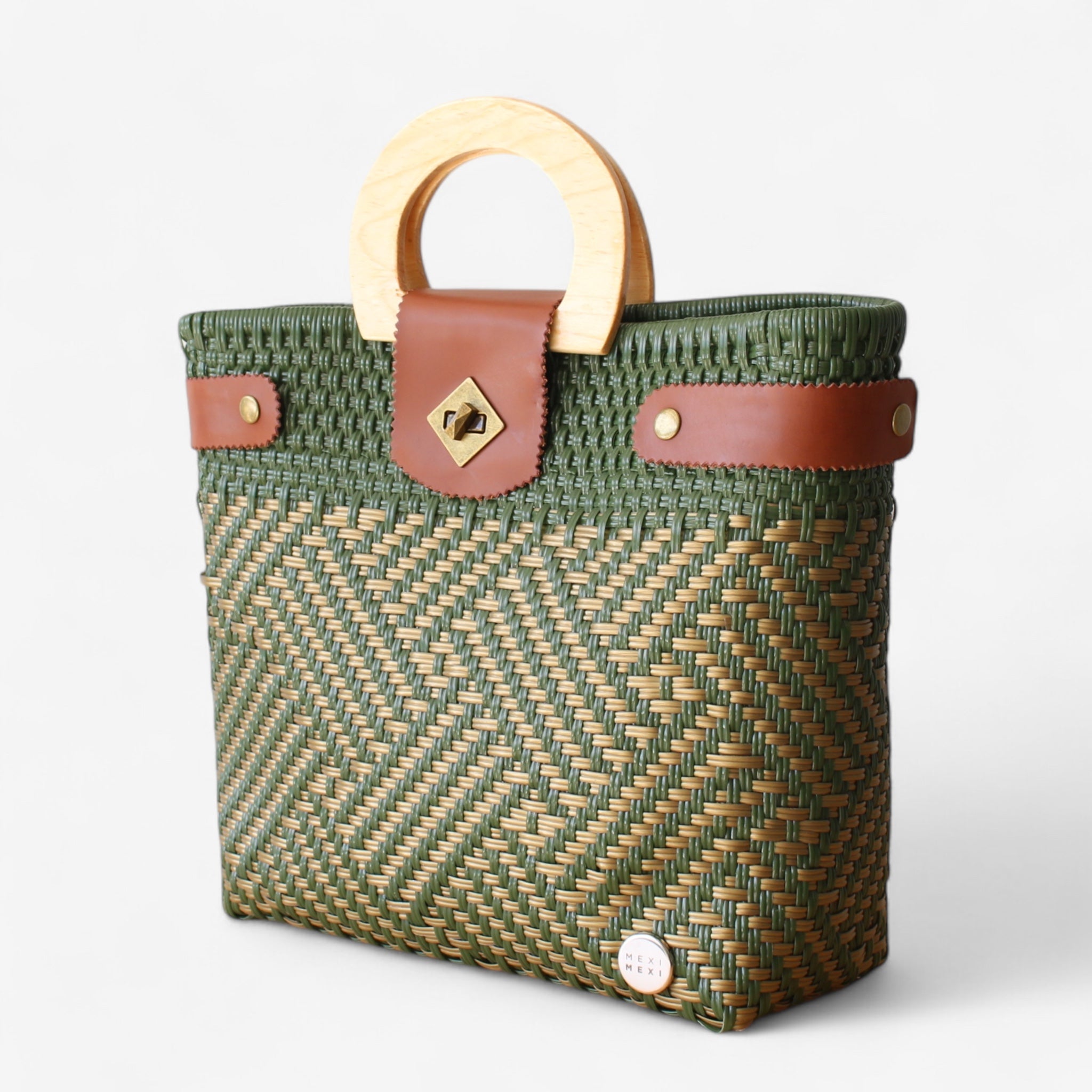 Olive Green & Gold Handmade Tote Bag with Wooden Handle