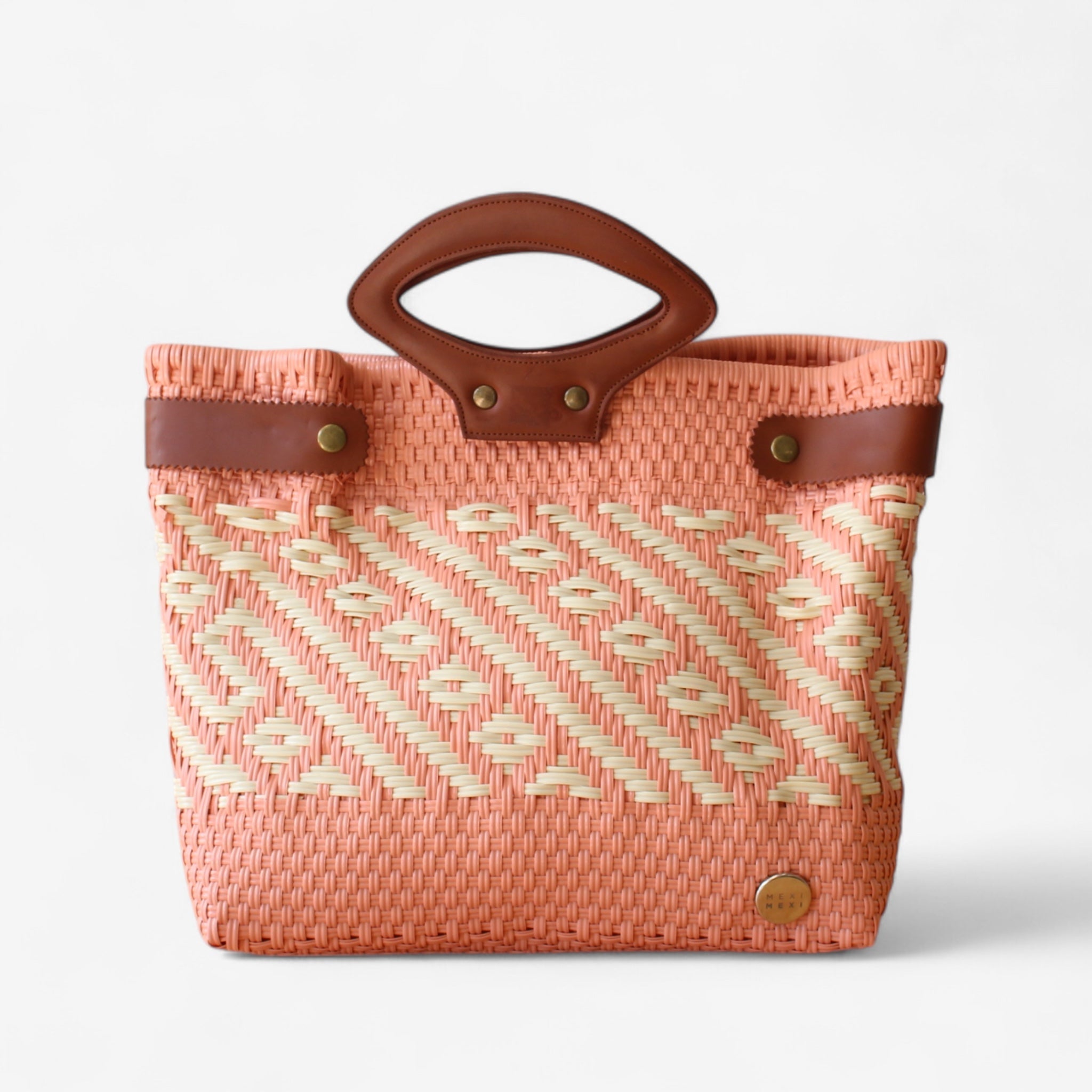 Coral & Cream Handwoven Tote with Leather Handles