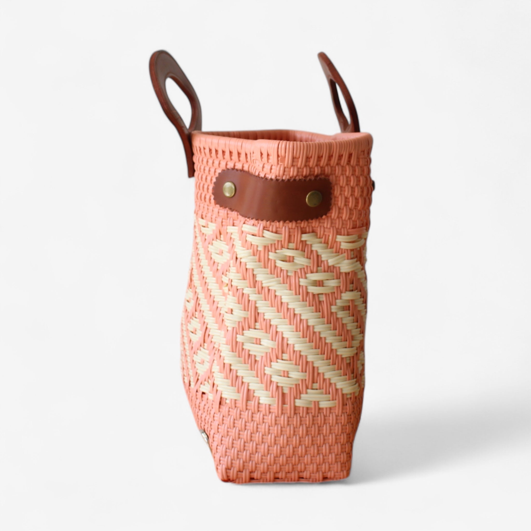 Coral & Cream Handwoven Tote with Leather Handles