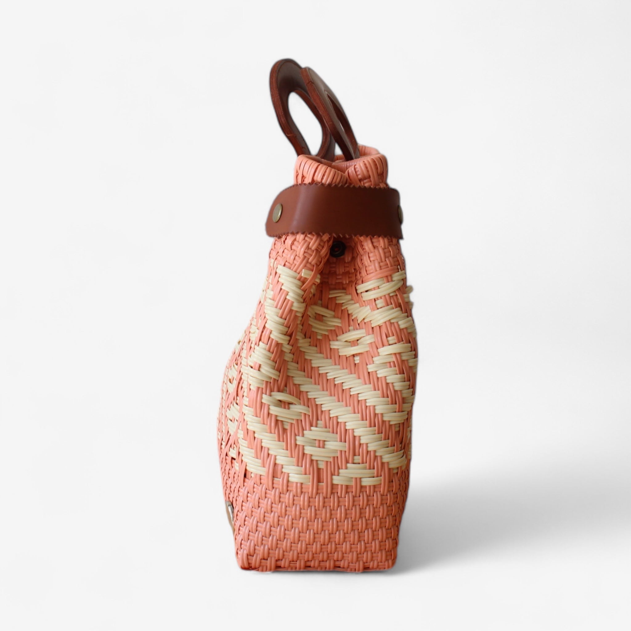 Coral & Cream Handwoven Tote with Leather Handles
